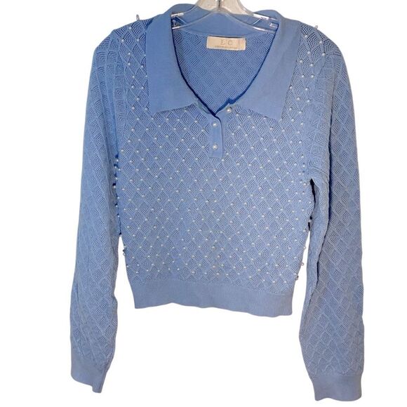 Lizette collection ladies sweater XL BLUE CREAM PEARLS ACADEMIA PREPPY COLLARED - Picture 10 of 10